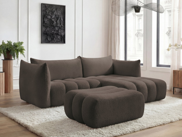 Canapé d'angle fixe AZRA tissu bouclette avec pouf