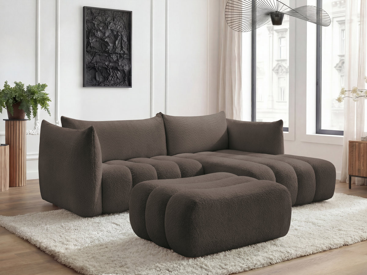 Canapé d'angle fixe AZRA tissu bouclette avec pouf