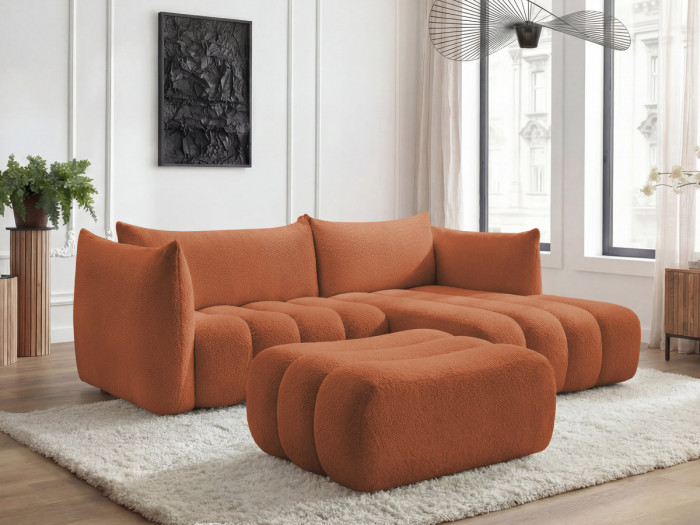 Canapé d'angle fixe AZRA tissu bouclette avec pouf