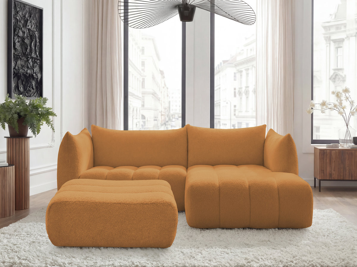 Canapé d'angle fixe AZRA tissu bouclette avec pouf