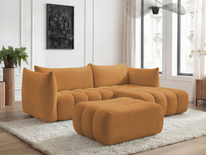 Canapé d'angle fixe AZRA tissu bouclette avec pouf