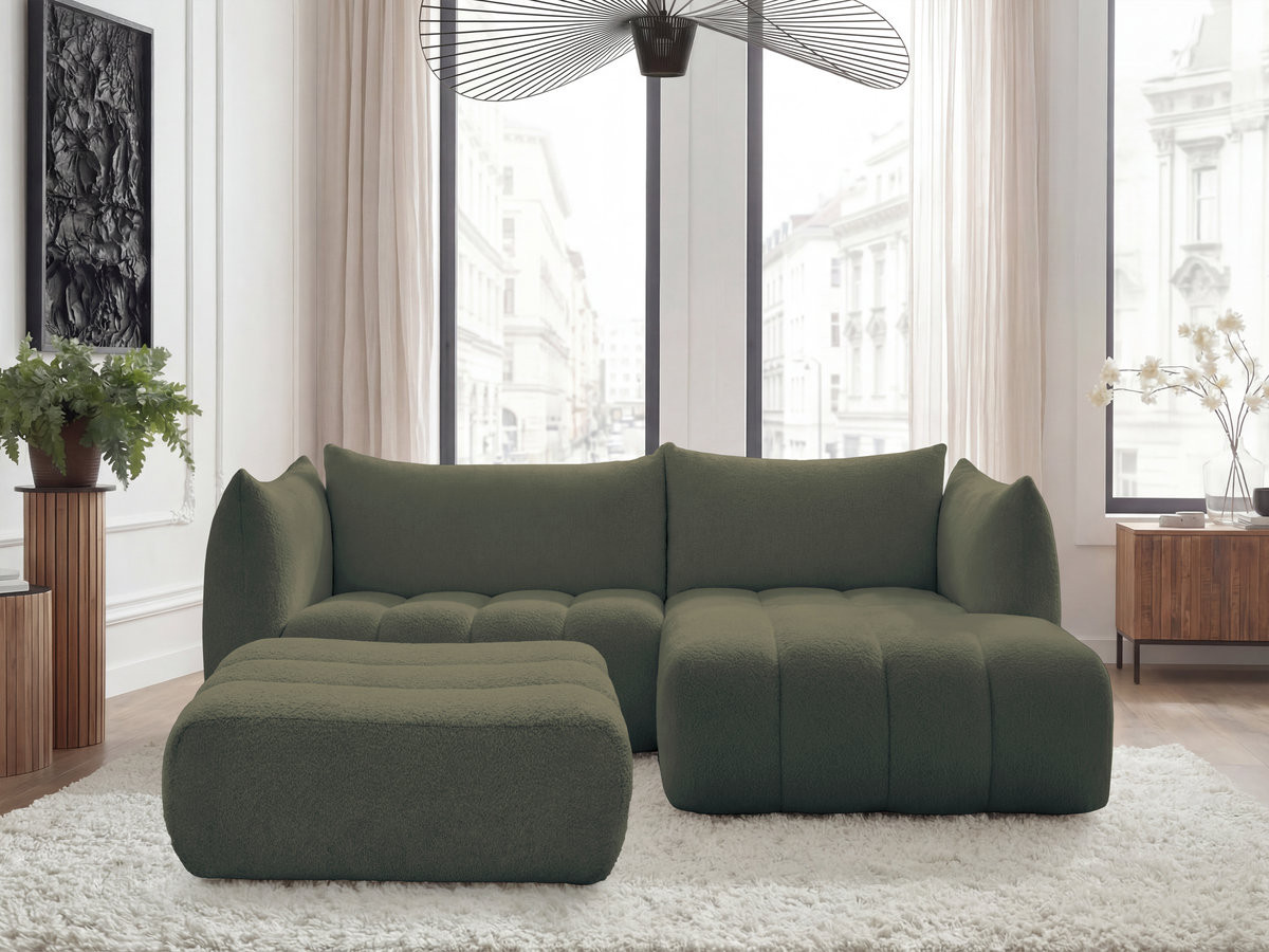 Canapé d'angle fixe AZRA tissu bouclette avec pouf