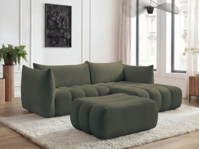 Canapé d'angle fixe AZRA tissu bouclette avec pouf