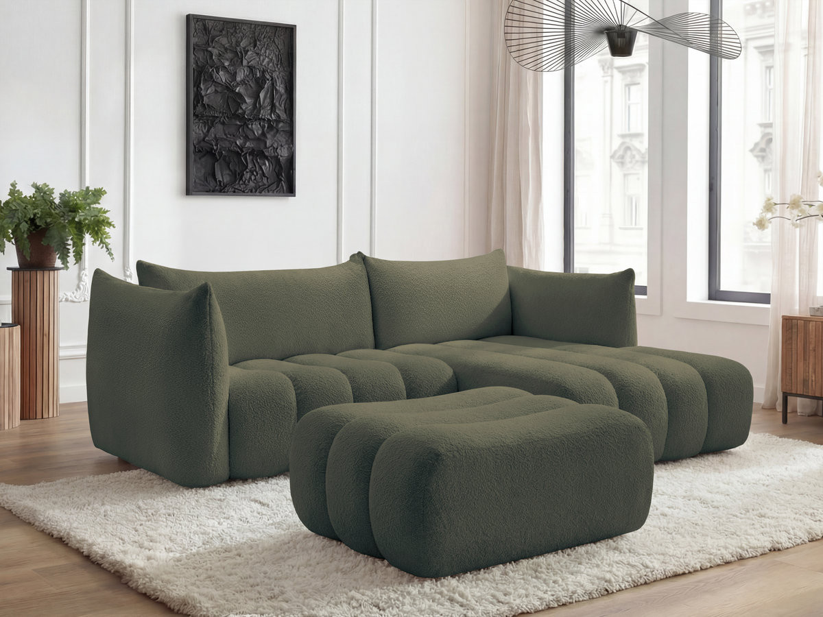 Canapé d'angle fixe AZRA tissu bouclette avec pouf