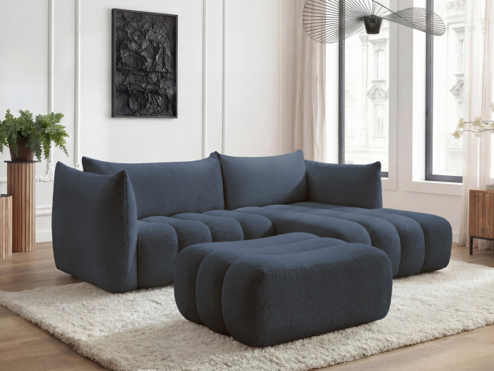 Canapé d'angle fixe AZRA tissu bouclette avec pouf