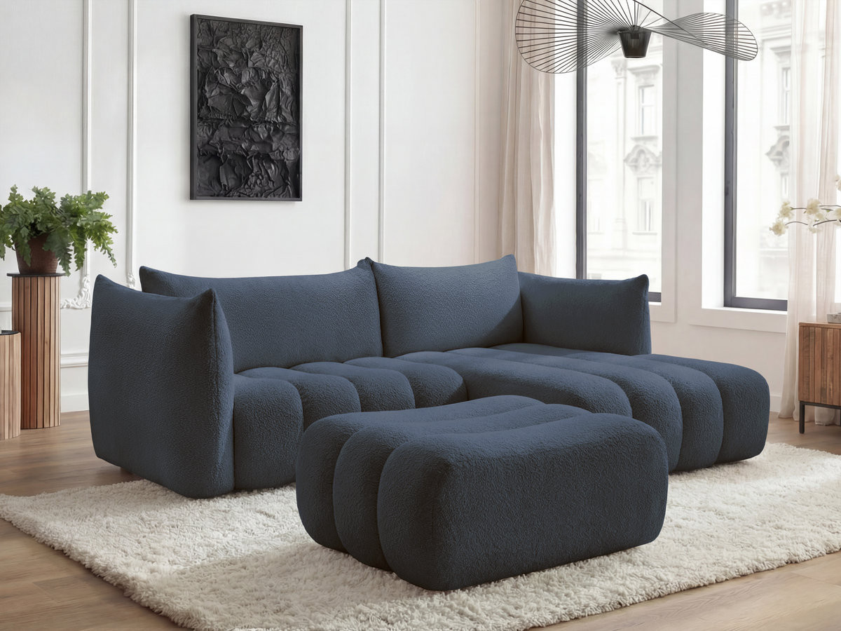 Canapé d'angle fixe AZRA tissu bouclette avec pouf