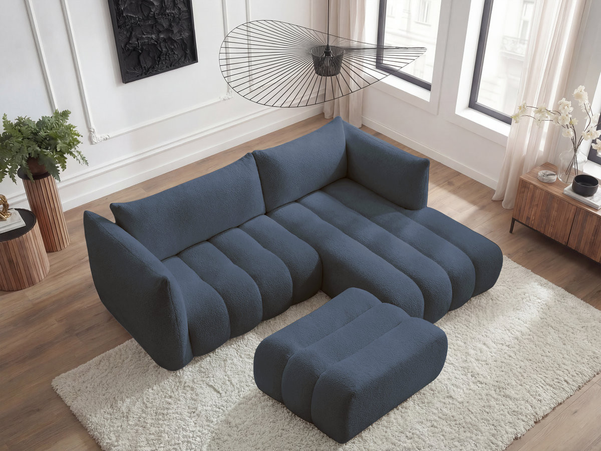 Canapé d'angle fixe AZRA tissu bouclette avec pouf