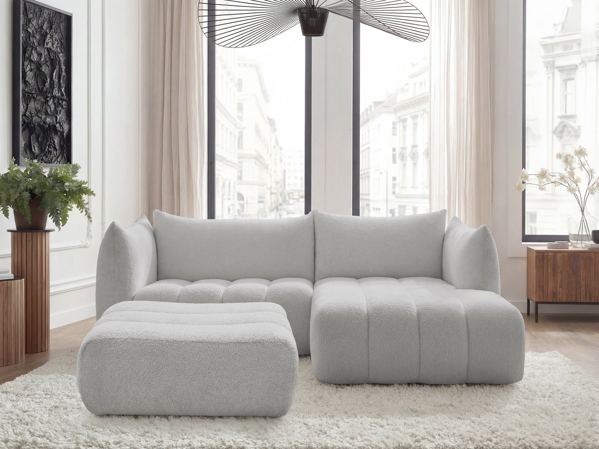 Canapé d'angle fixe AZRA tissu bouclette avec pouf