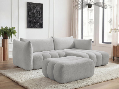 Canapé d'angle fixe AZRA tissu bouclette avec pouf