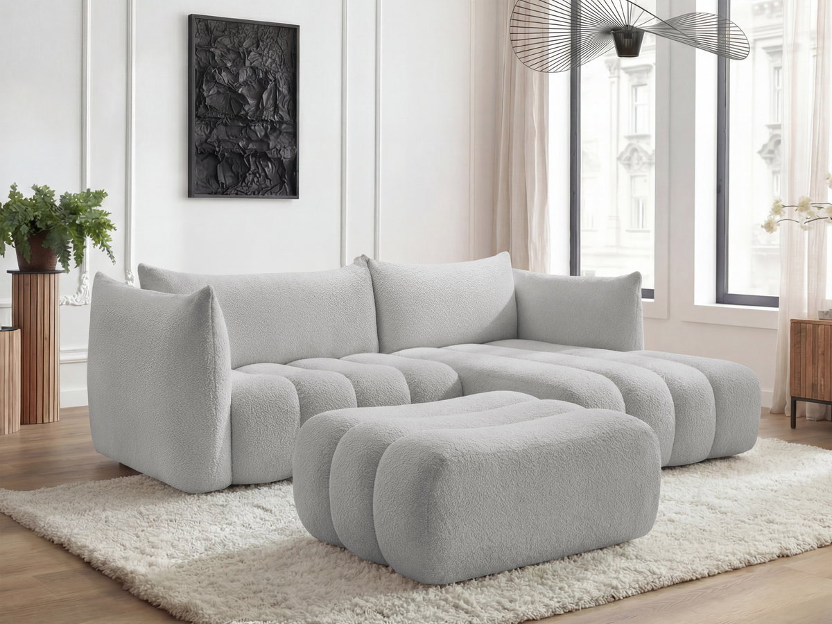 Canapé d'angle AZRA bouclette avec pouf gris clair