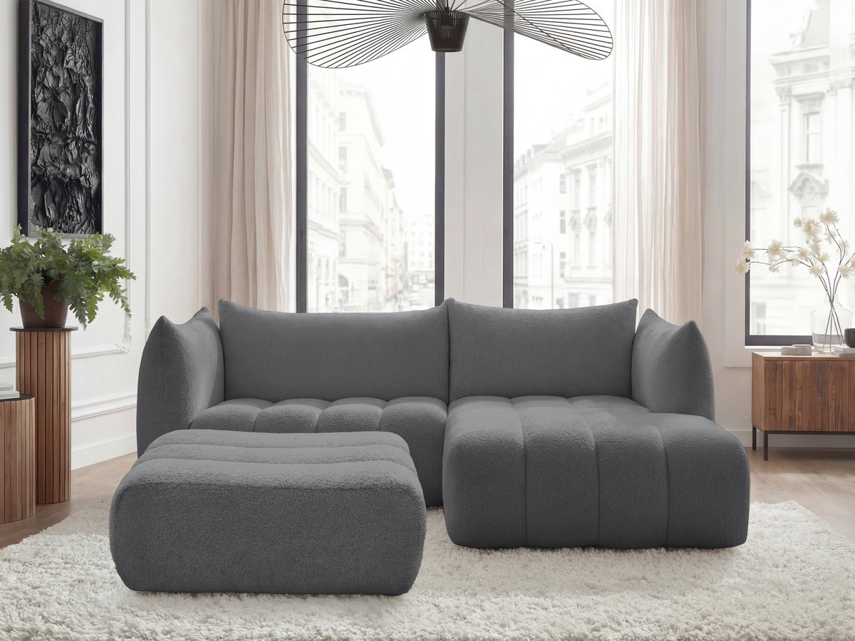 Canapé d'angle fixe AZRA tissu bouclette avec pouf