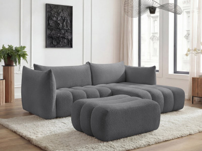 Canapé d'angle fixe AZRA tissu bouclette avec pouf