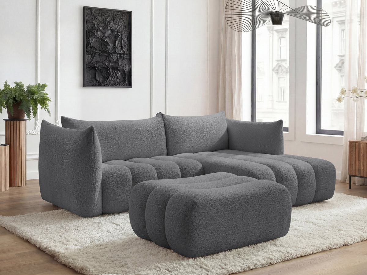 Canapé d'angle AZRA bouclette avec pouf gris foncé
