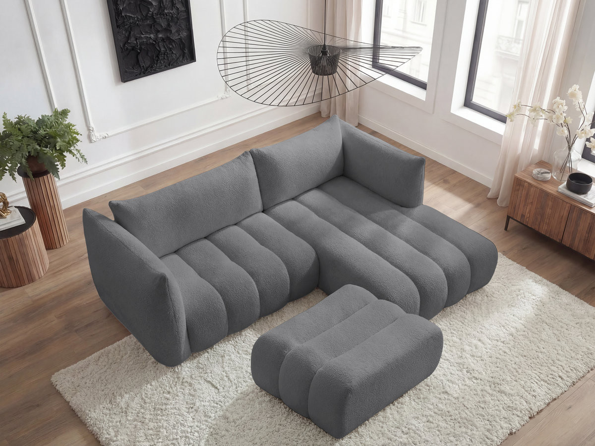 Canapé d'angle fixe AZRA tissu bouclette avec pouf