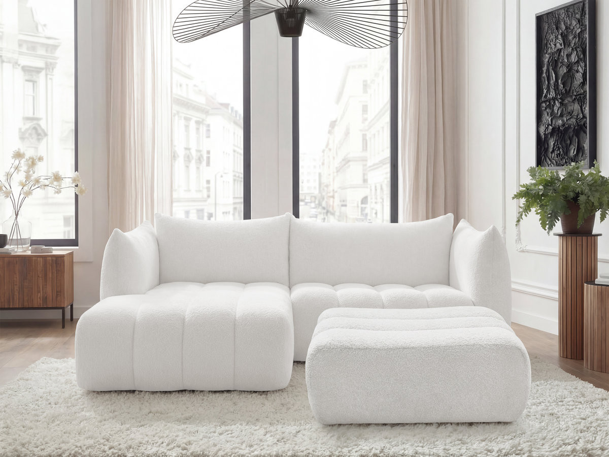 Canapé d'angle fixe AZRA tissu bouclette avec pouf