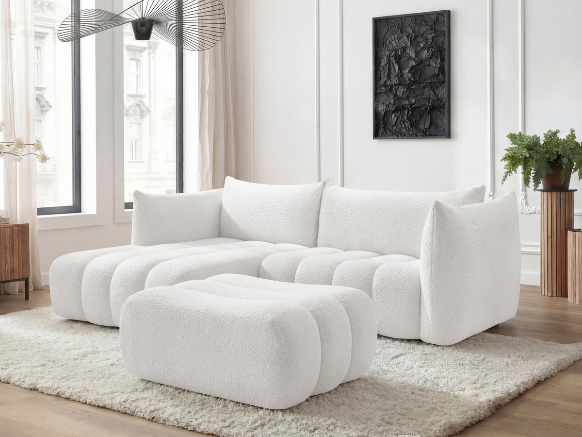 Canapé d'angle fixe AZRA tissu bouclette avec pouf blanc  angle gauche BOBOCHIC 3 places