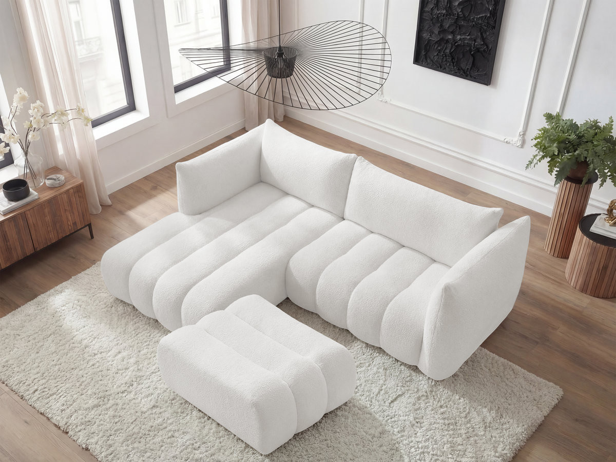Canapé d'angle fixe AZRA tissu bouclette avec pouf