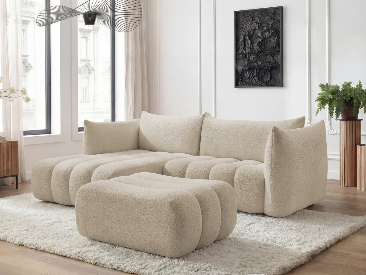 Canapé d'angle fixe AZRA tissu bouclette avec pouf