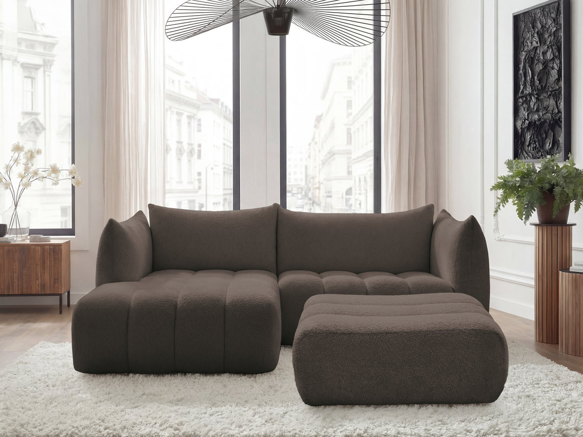 Canapé d'angle fixe AZRA tissu bouclette avec pouf