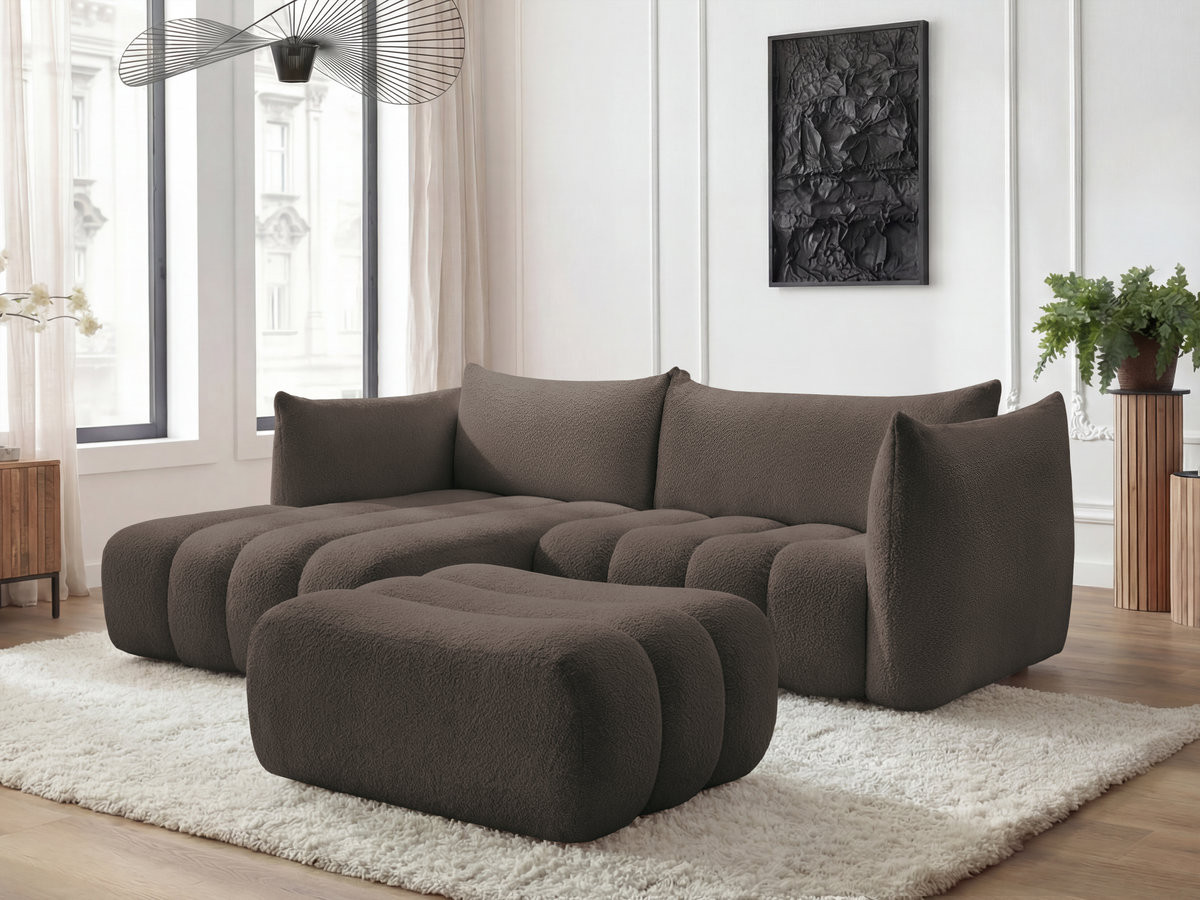 Canapé d'angle fixe AZRA tissu bouclette avec pouf