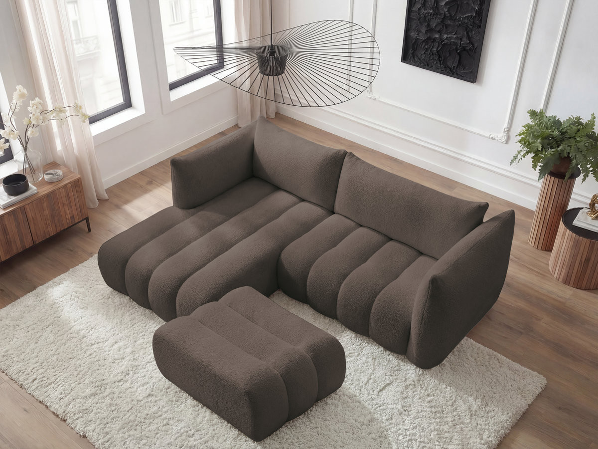 Canapé d'angle fixe AZRA tissu bouclette avec pouf