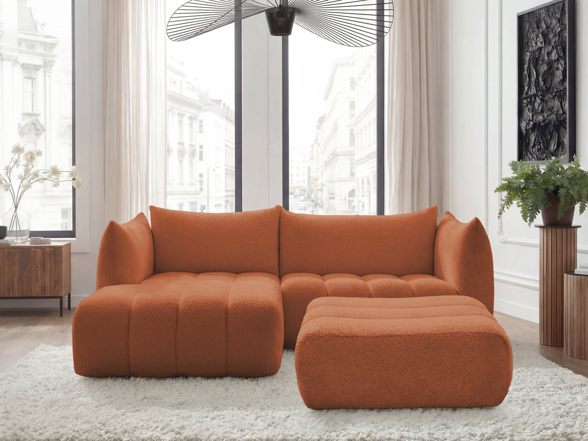 Canapé d'angle fixe AZRA tissu bouclette avec pouf