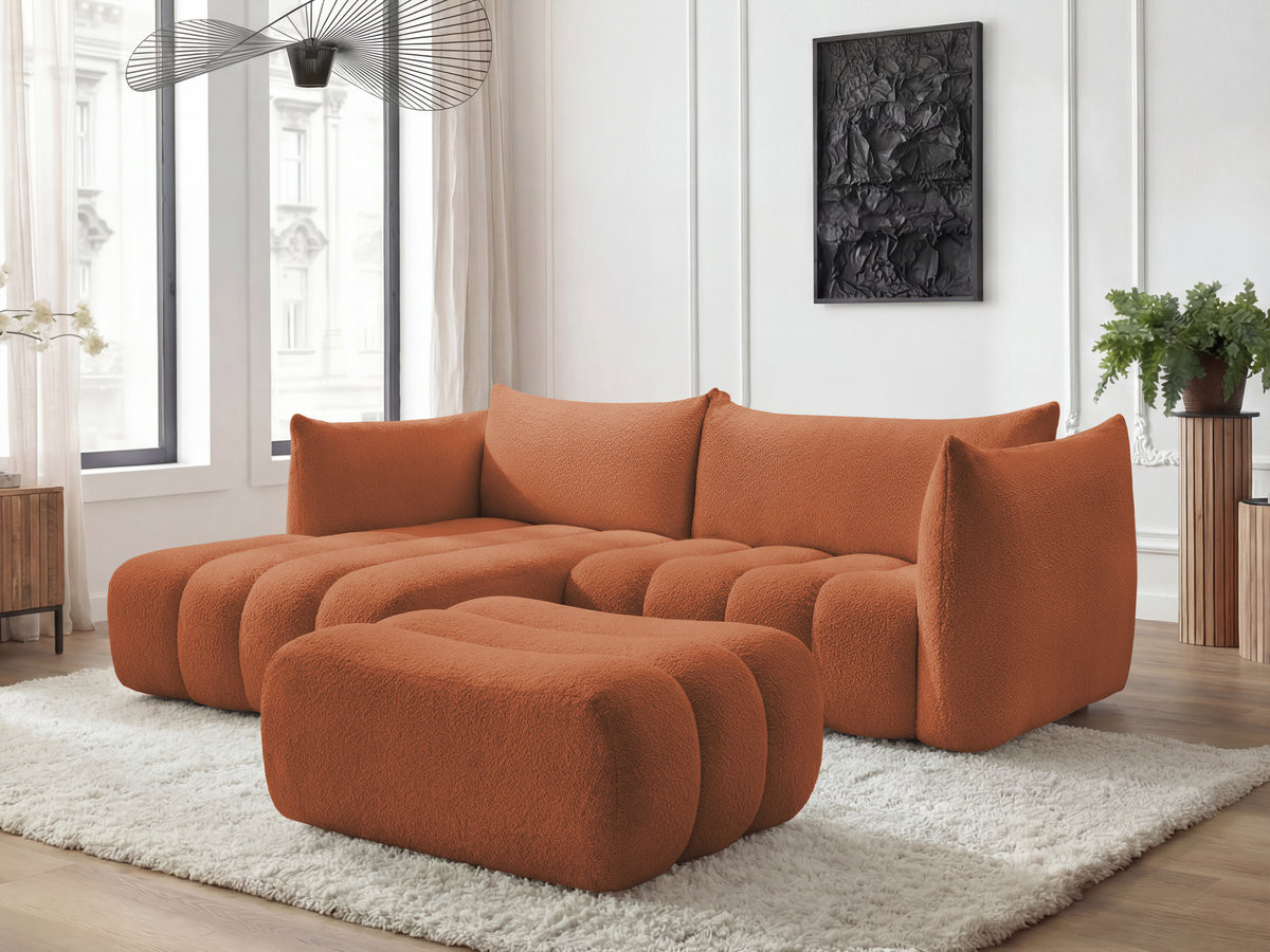 Canapé d'angle fixe AZRA tissu bouclette avec pouf