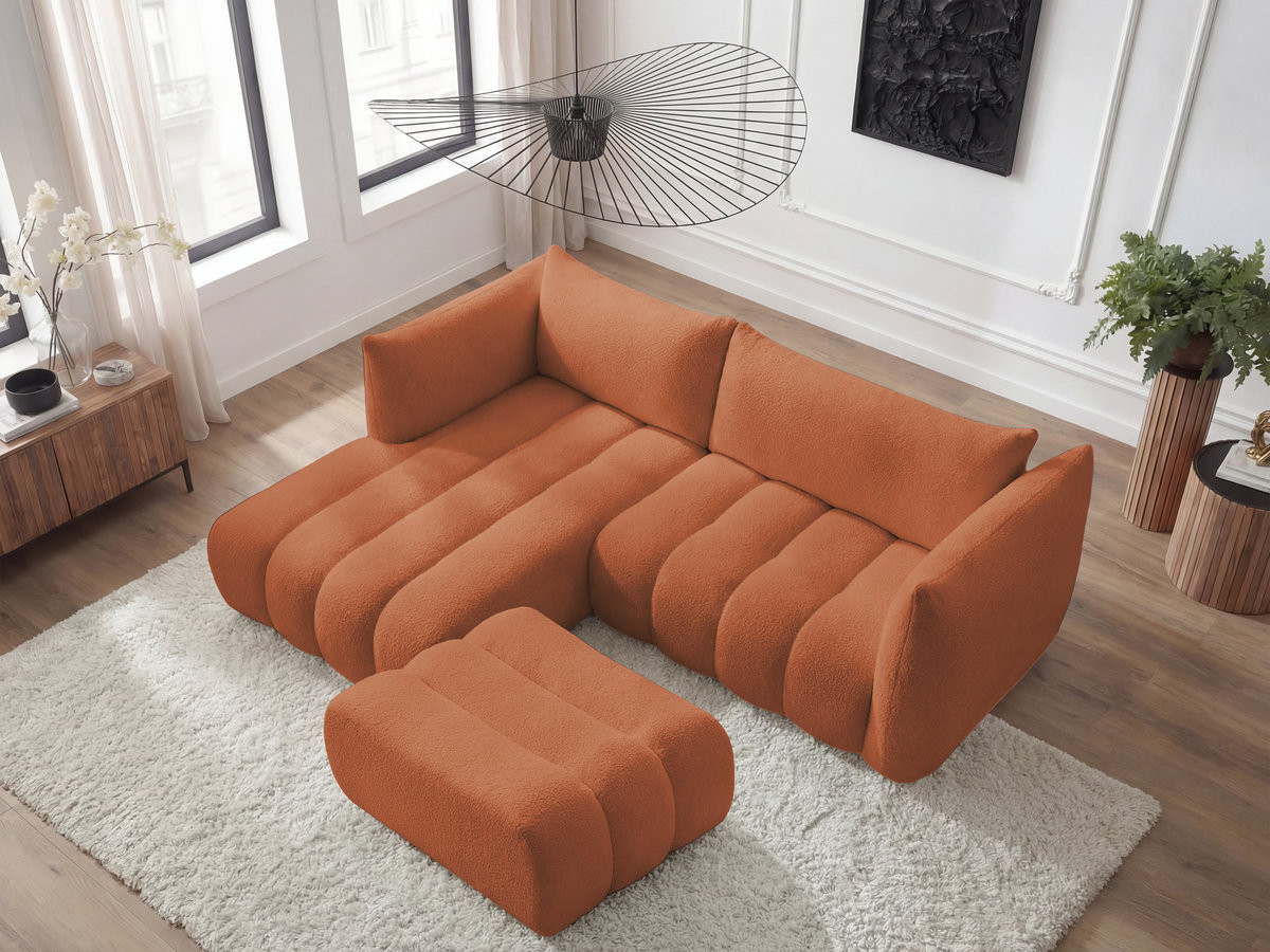 Canapé d'angle fixe AZRA tissu bouclette avec pouf