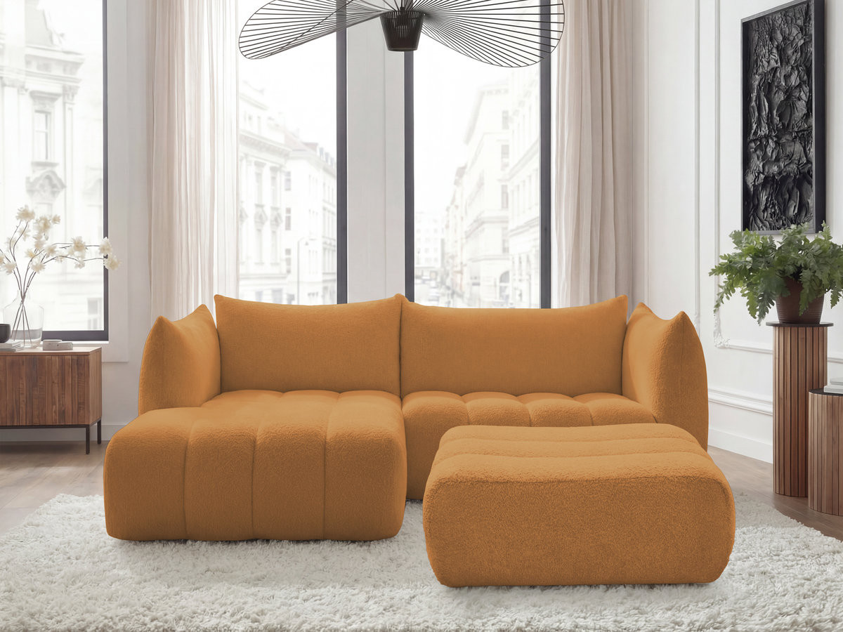 Canapé d'angle fixe AZRA tissu bouclette avec pouf