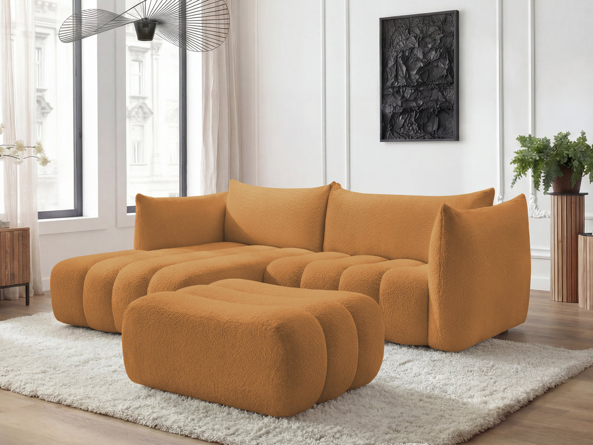 Canapé d'angle fixe AZRA tissu bouclette avec pouf