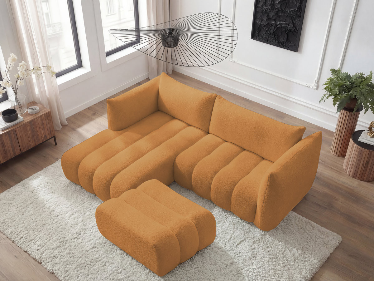 Canapé d'angle fixe AZRA tissu bouclette avec pouf
