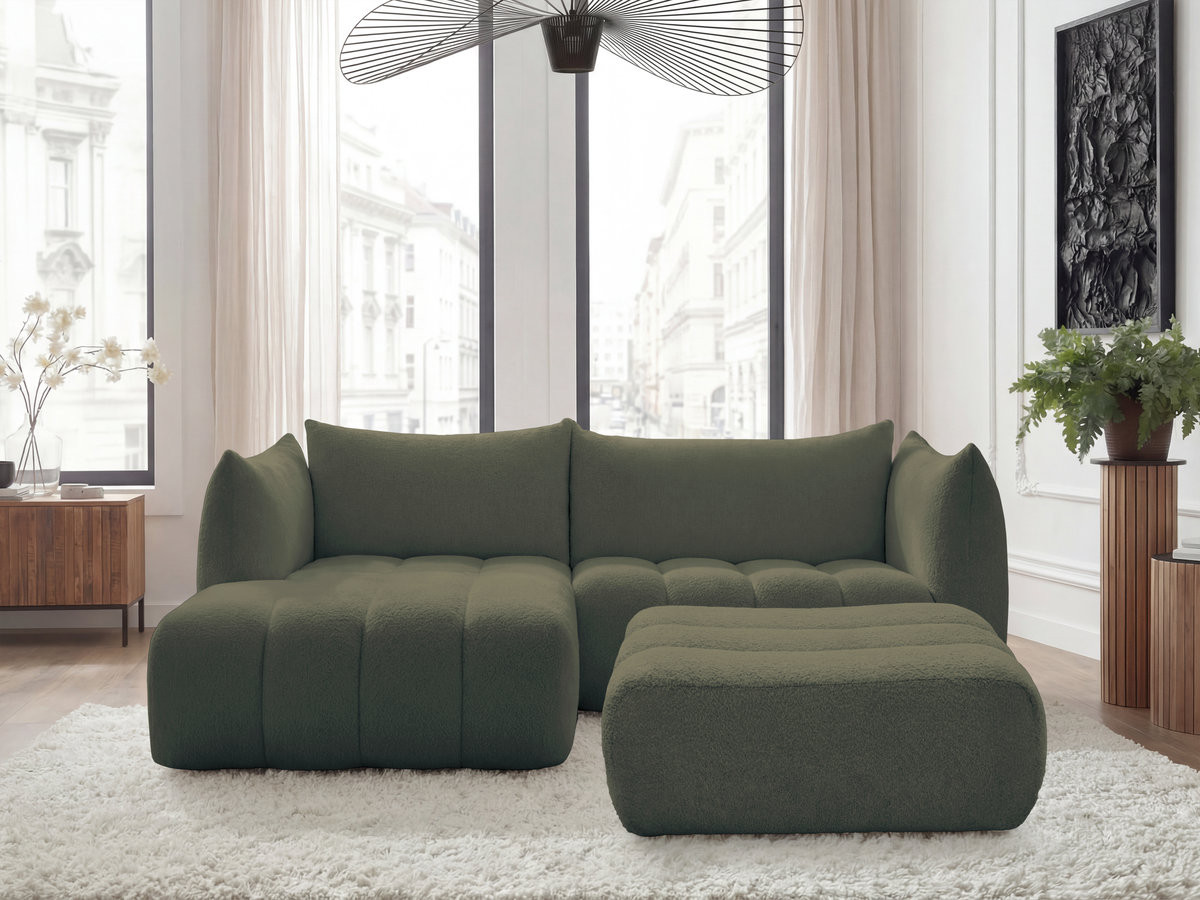 Canapé d'angle fixe AZRA tissu bouclette avec pouf