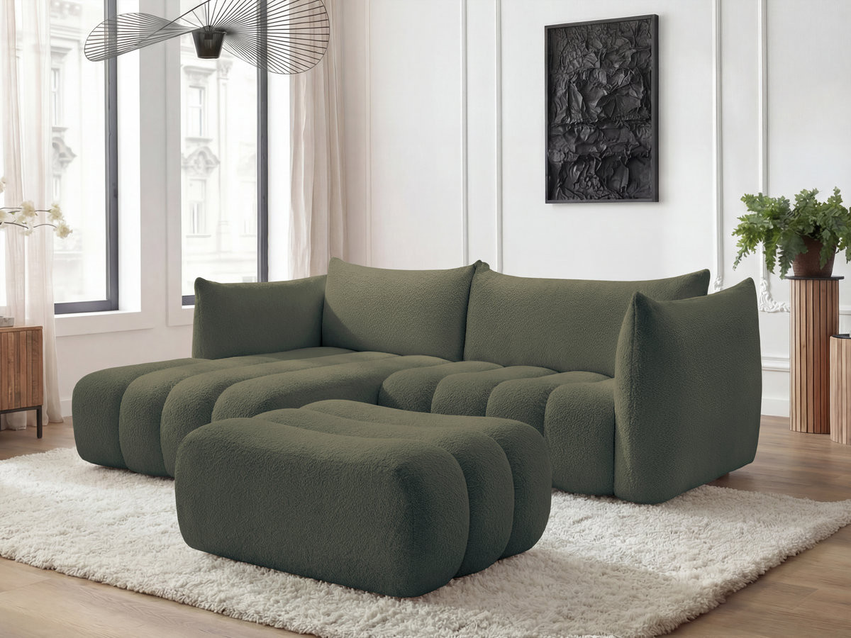 Canapé d'angle fixe AZRA tissu bouclette avec pouf