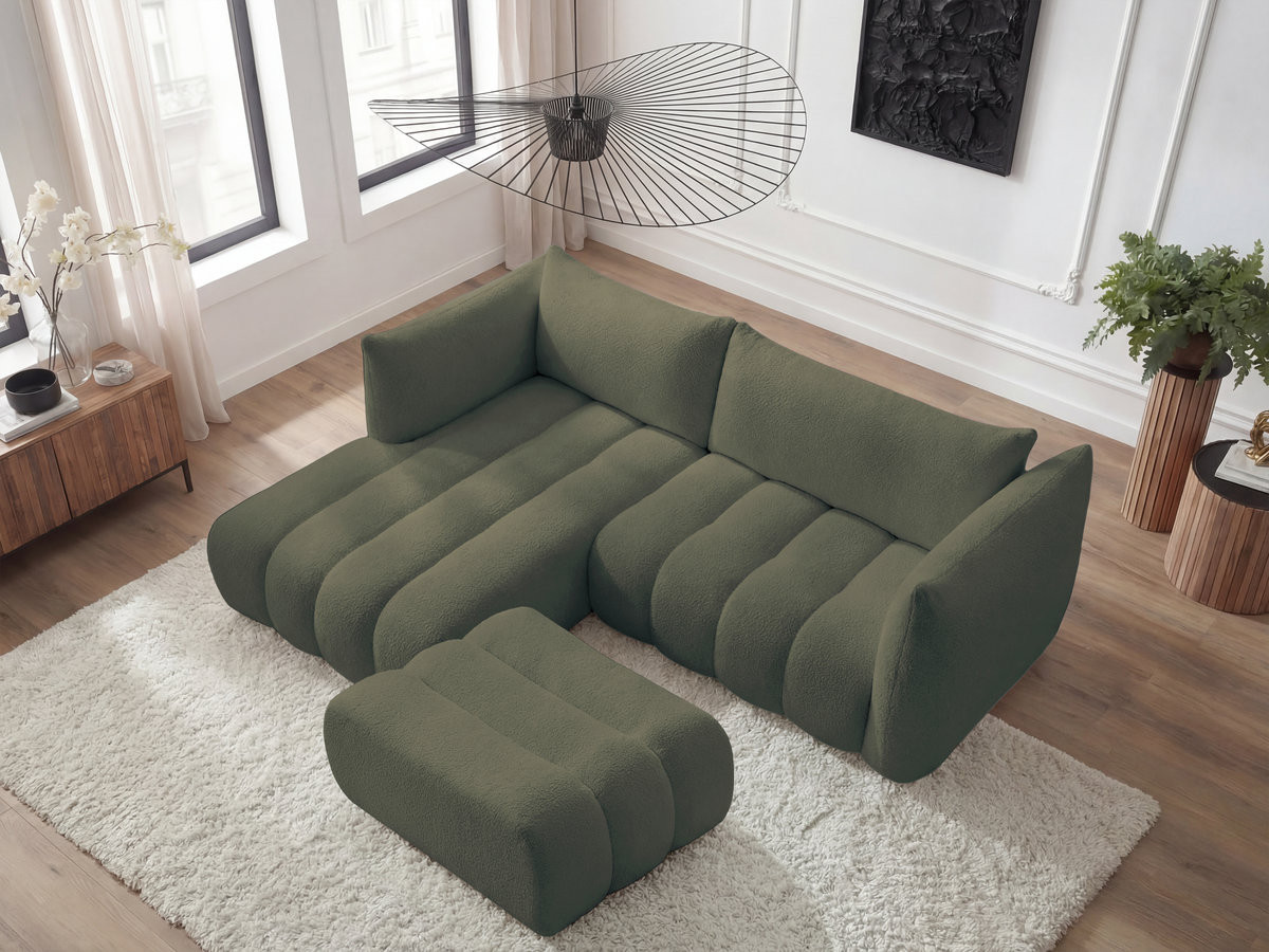 Canapé d'angle fixe AZRA tissu bouclette avec pouf