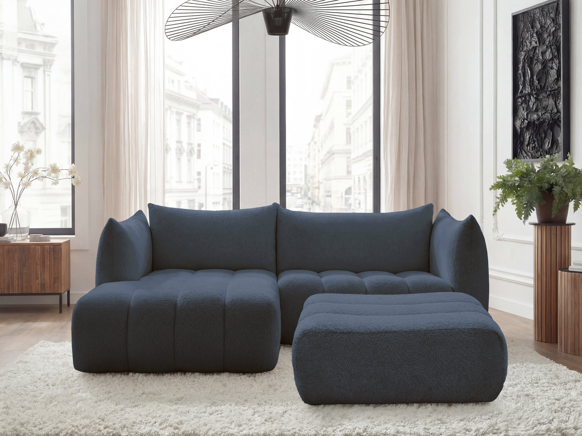 Canapé d'angle fixe AZRA tissu bouclette avec pouf