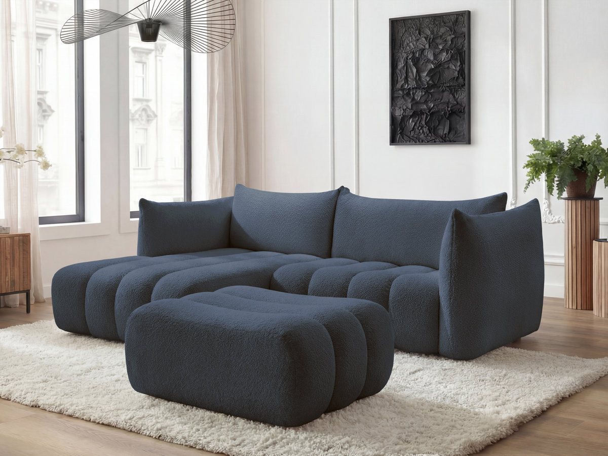 Canapé d'angle fixe AZRA tissu bouclette avec pouf