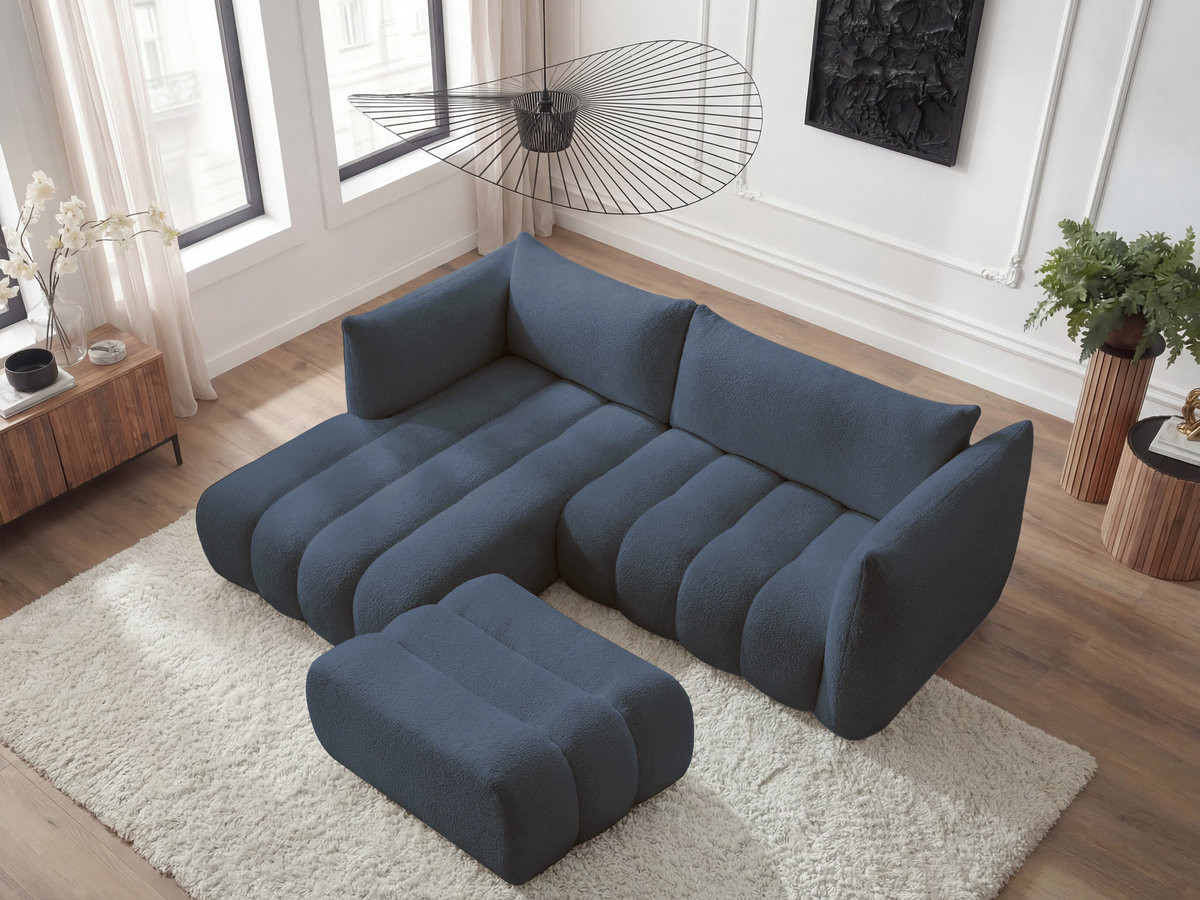 Canapé d'angle fixe AZRA tissu bouclette avec pouf
