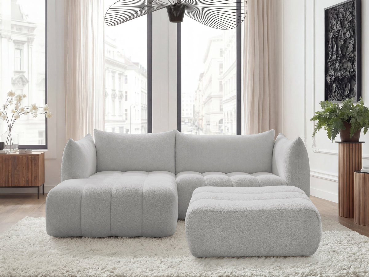 Canapé d'angle fixe AZRA tissu bouclette avec pouf