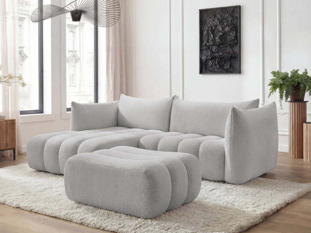 Canapé d'angle fixe AZRA tissu bouclette avec pouf