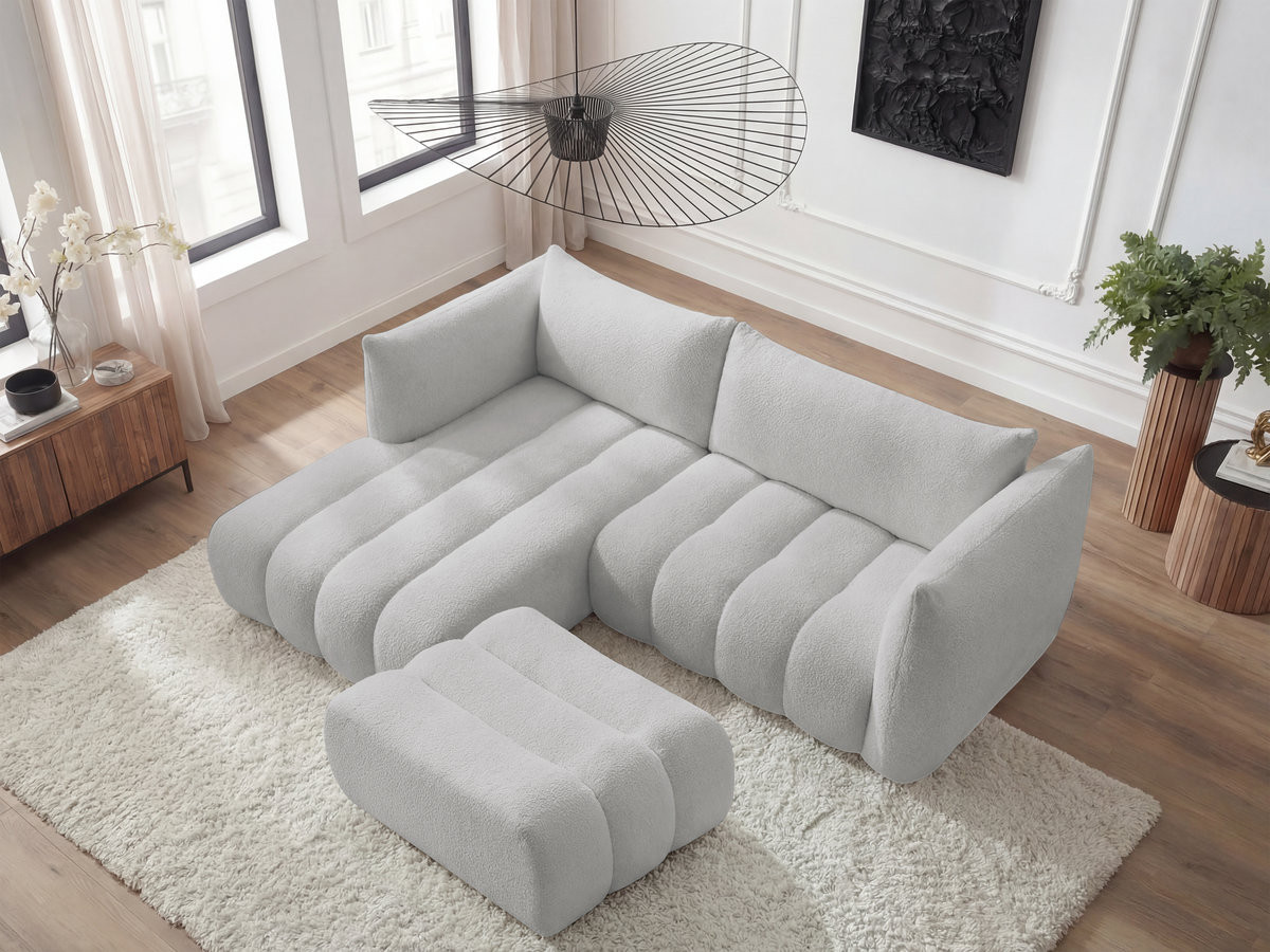 Canapé d'angle fixe AZRA tissu bouclette avec pouf