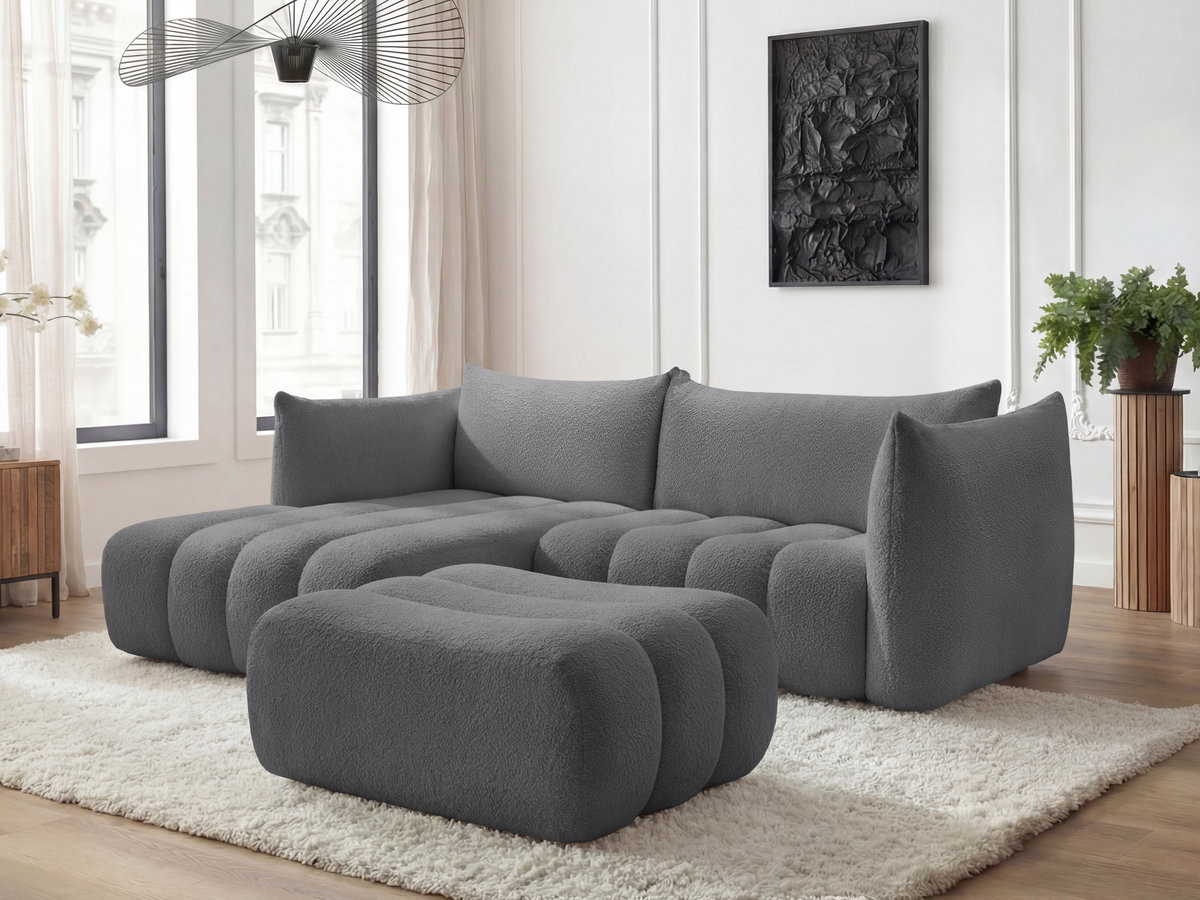 Canapé d'angle fixe AZRA tissu bouclette avec pouf
