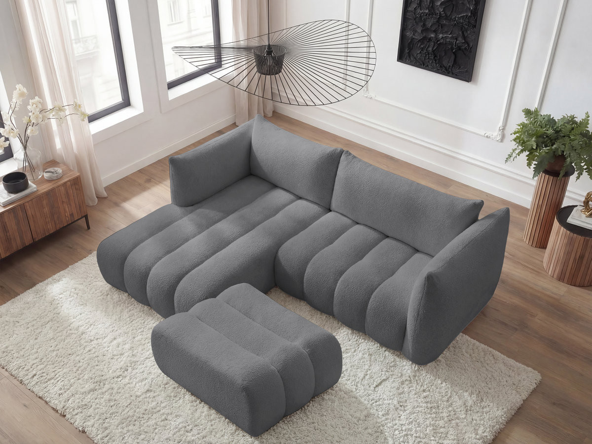 Canapé d'angle fixe AZRA tissu bouclette avec pouf