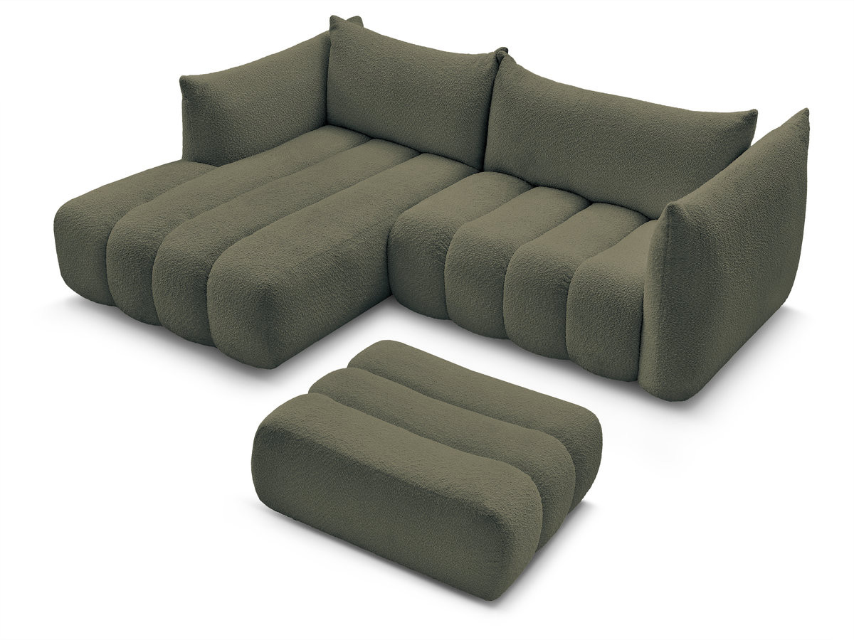 Canapé d'angle fixe AZRA tissu bouclette avec pouf