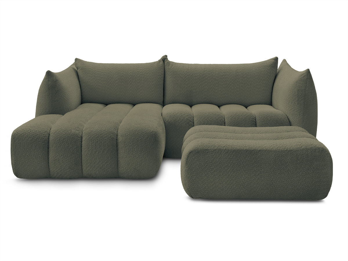 Canapé d'angle fixe AZRA tissu bouclette avec pouf