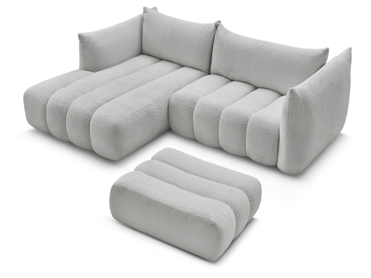 Canapé d'angle fixe AZRA tissu bouclette avec pouf