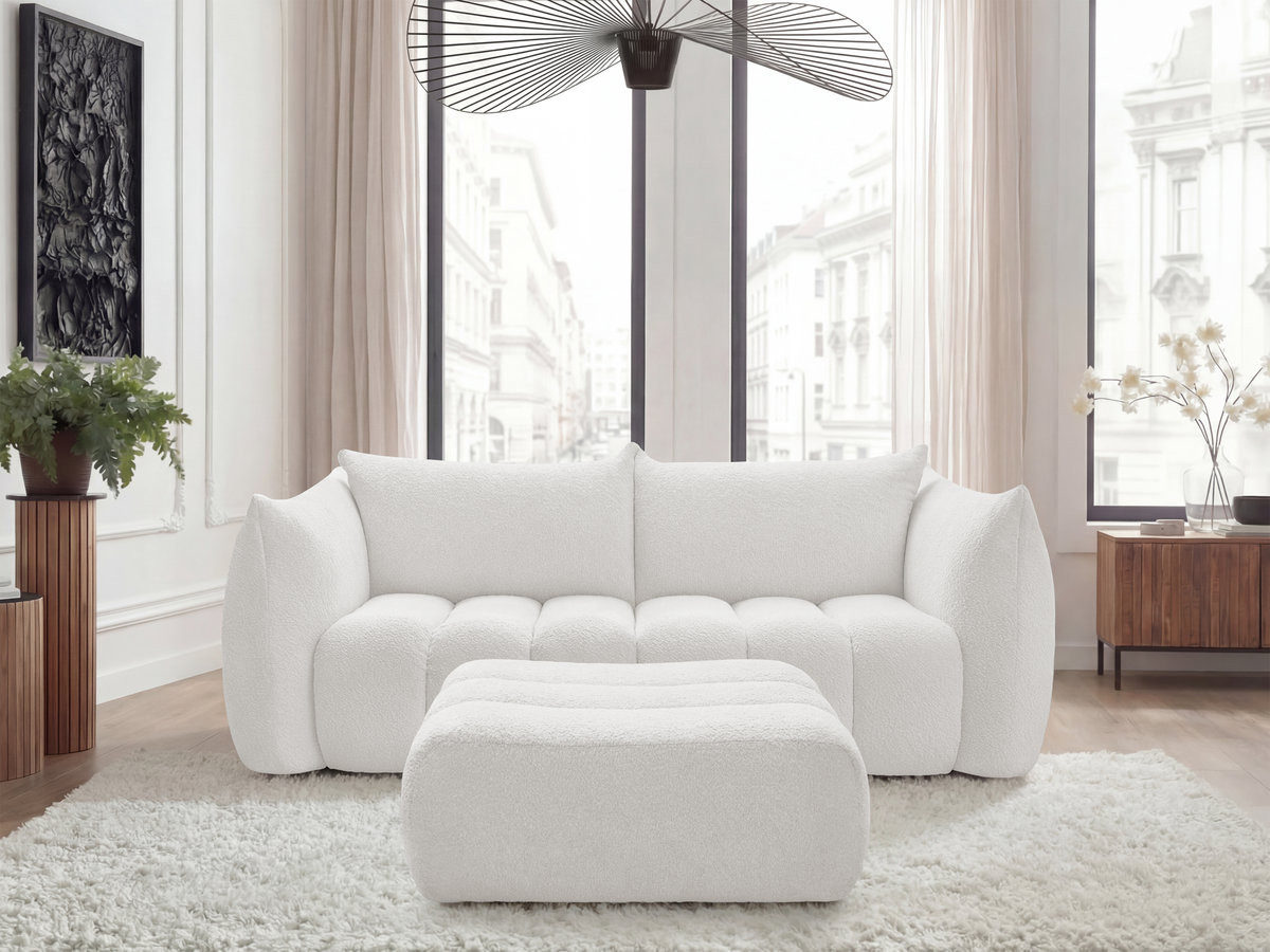 Canapé droit fixe 3 places AZRA tissu bouclette avec pouf