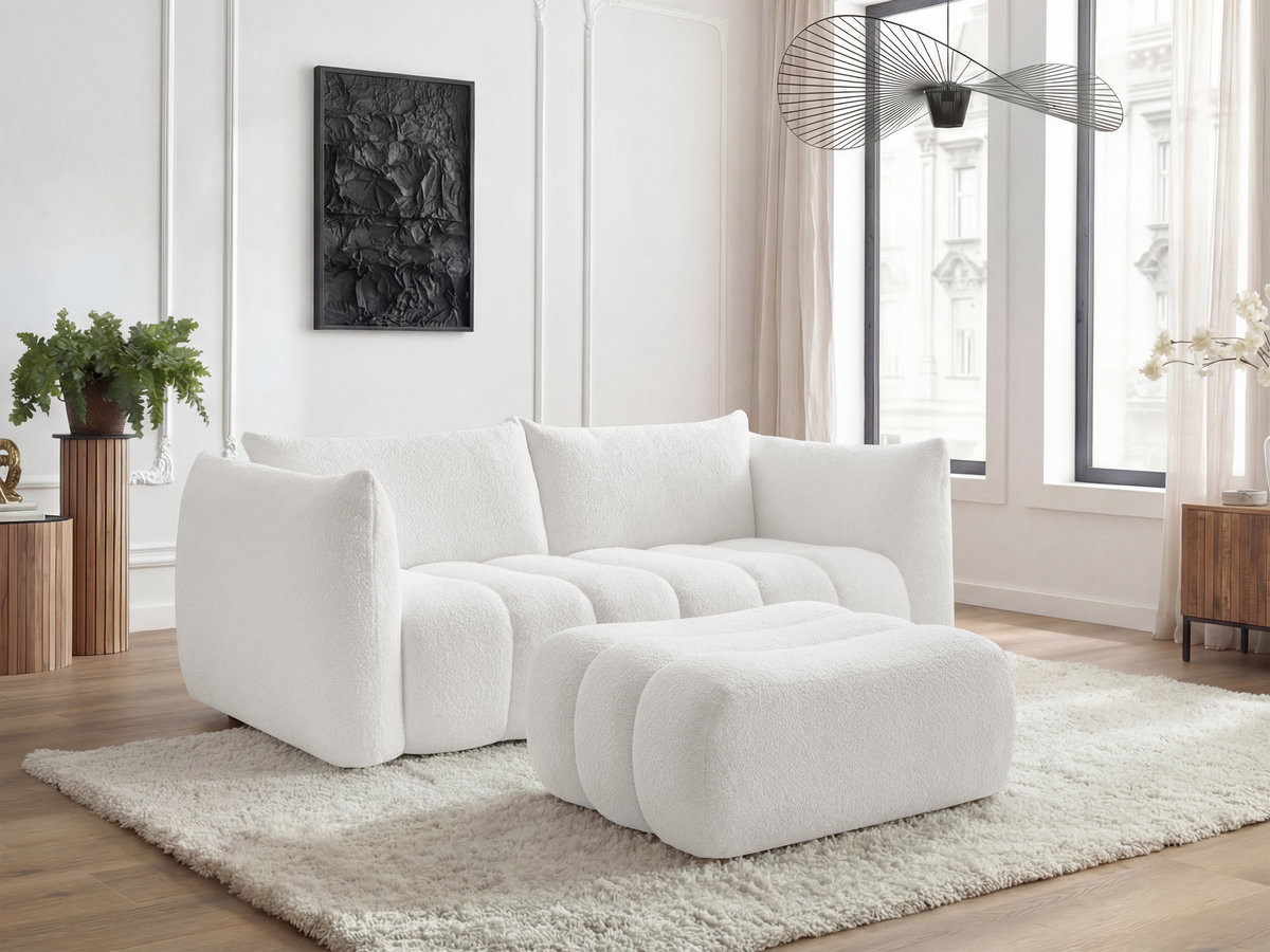 Canapé droit 3 places AZRA bouclette avec pouf blanc