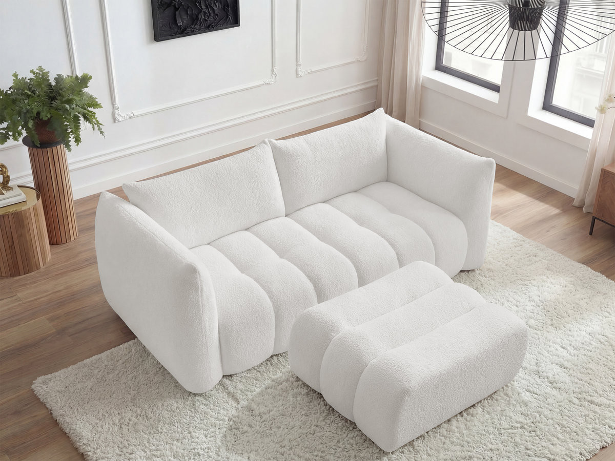 Canapé droit fixe 3 places AZRA tissu bouclette avec pouf