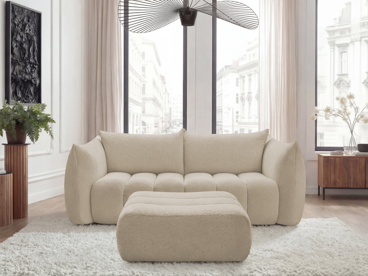 Canapé droit 3 places AZRA bouclette avec pouf beige — vue 4