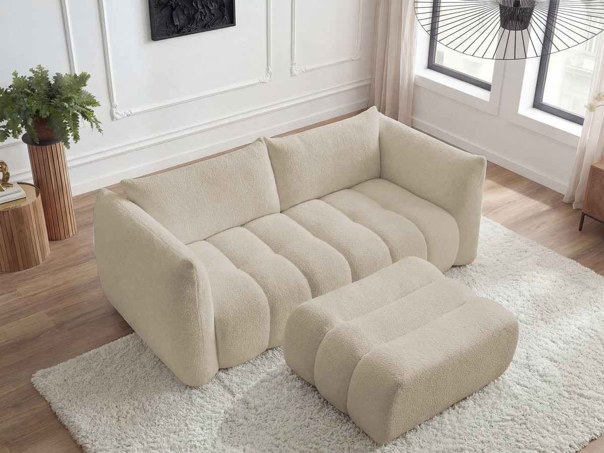 Canapé droit fixe 3 places AZRA tissu bouclette avec pouf